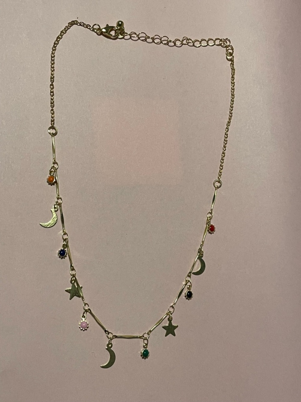 Gold Tone Moon & Stars Multi Color Necklace #9593